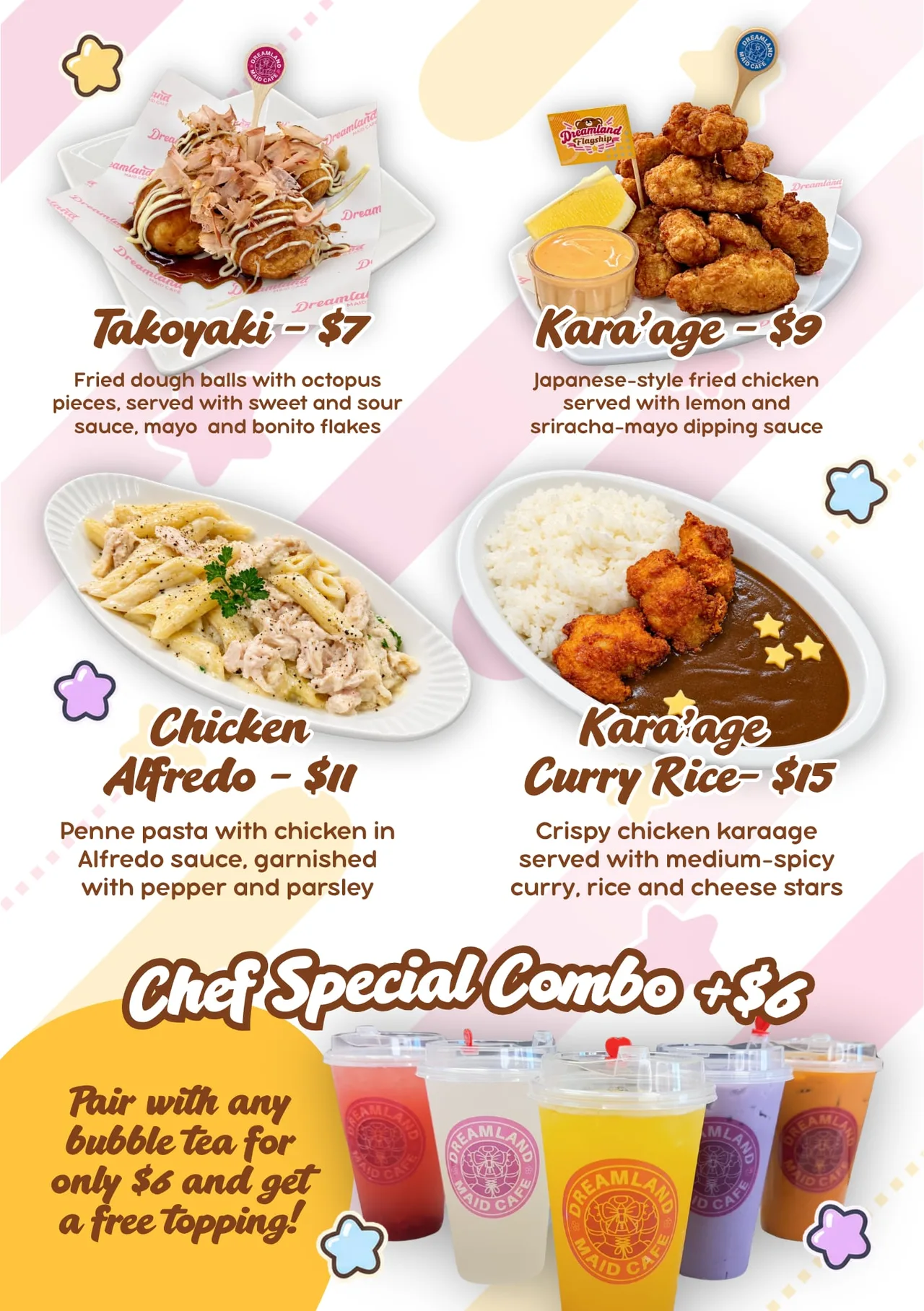 Dreamland savory menu with Takoyaki, Karaage Chicken, Chicken Alfredo, Chicken Karaage Curry and the Chef Special Combo